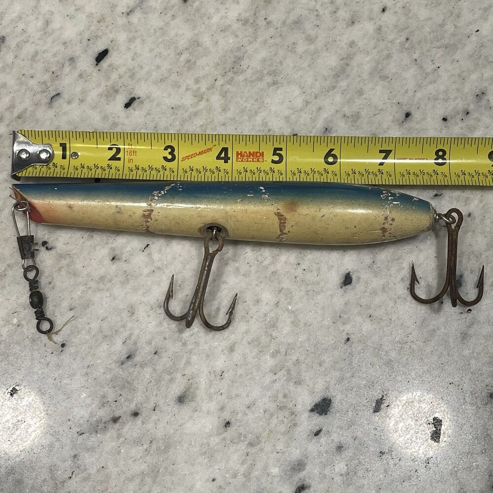Vintage Pencil Popper 8” Blue Painted Wood Plug Salt Fishing Lure